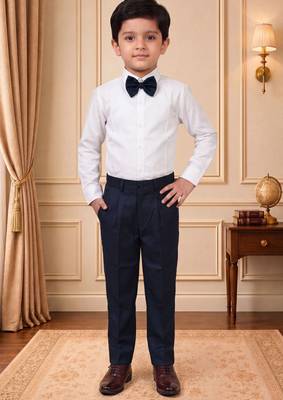 Boys navy blue satin floral sequined with bead work embroidered 3 piece suit set with bowtie 5
