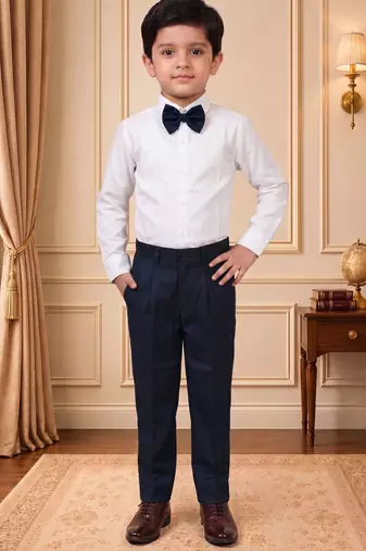 Boys navy blue satin floral sequined with bead work embroidered 3 piece suit set with bowtie