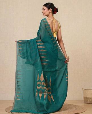 teal geometric motifs cotton blend handspun soft saree 3
