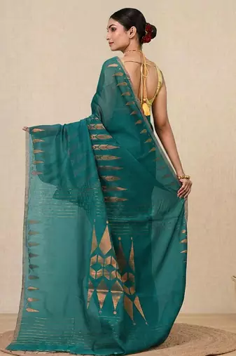 teal geometric motifs cotton blend handspun soft saree