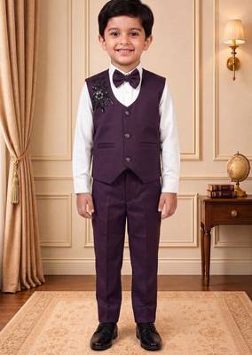 Boys wine satin floral sequined with bead work embroidered 3 piece suit set with bowtie 1