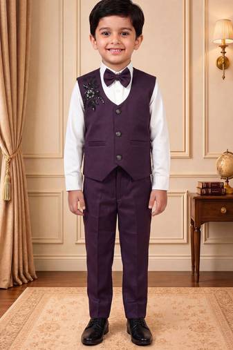 Boys wine satin floral sequined with bead work embroidered 3 piece suit set with bowtie