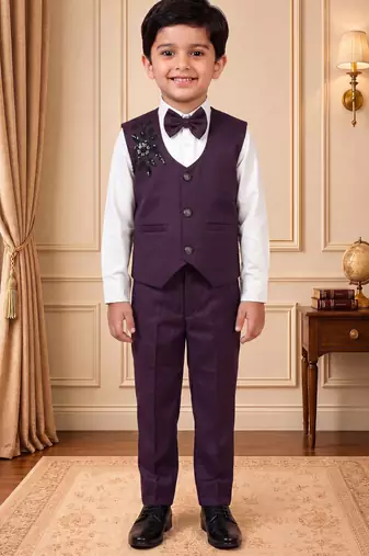 Boys wine satin floral sequined with bead work embroidered 3 piece suit set with bowtie