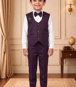 Boys wine satin floral sequined with bead work embroidered 3 piece suit set with bowtie
