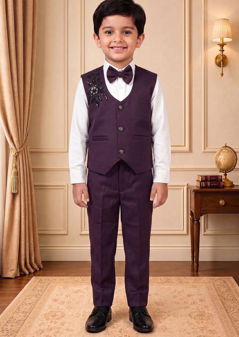 Boys wine satin floral sequined with bead work embroidered 3 piece suit set with bowtie