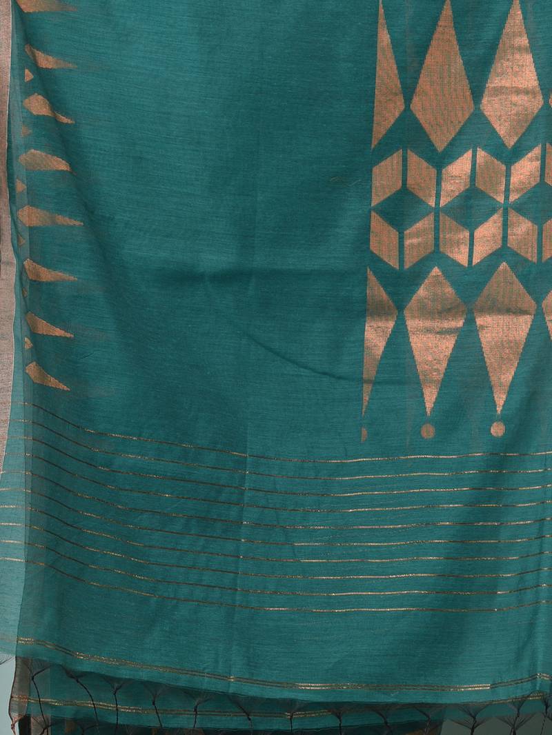 teal geometric motifs cotton blend handspun soft saree