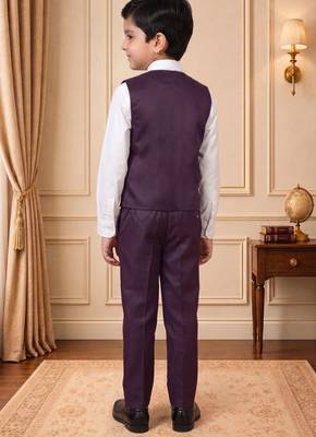 Boys wine satin floral sequined with bead work embroidered 3 piece suit set with bowtie 2