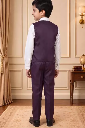 Boys wine satin floral sequined with bead work embroidered 3 piece suit set with bowtie