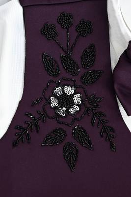 Boys wine satin floral sequined with bead work embroidered 3 piece suit set with bowtie 3