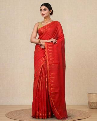 red geometric motifs cotton blend handspun soft saree 1