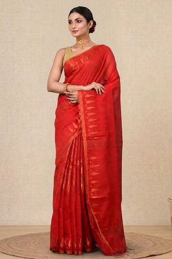 red geometric motifs cotton blend handspun soft saree