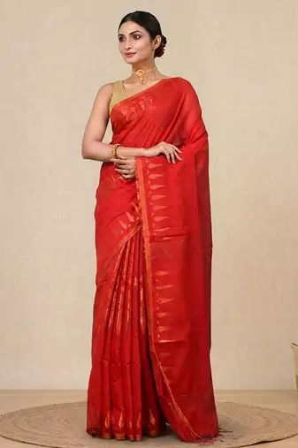 red geometric motifs cotton blend handspun soft saree