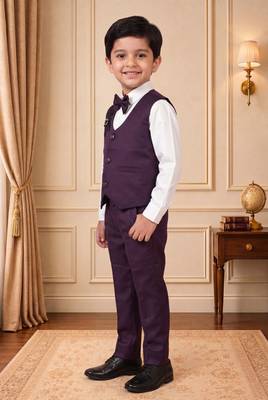 Boys wine satin floral sequined with bead work embroidered 3 piece suit set with bowtie 4