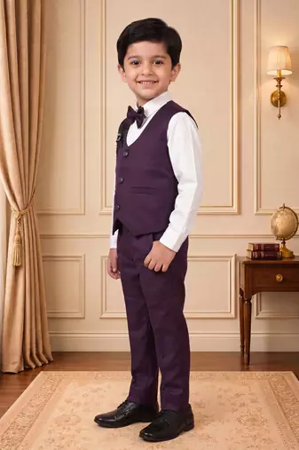 Boys wine satin floral sequined with bead work embroidered 3 piece suit set with bowtie