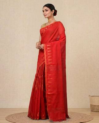 red geometric motifs cotton blend handspun soft saree 2