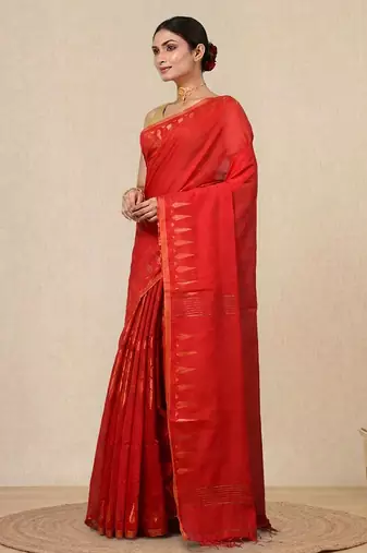 red geometric motifs cotton blend handspun soft saree