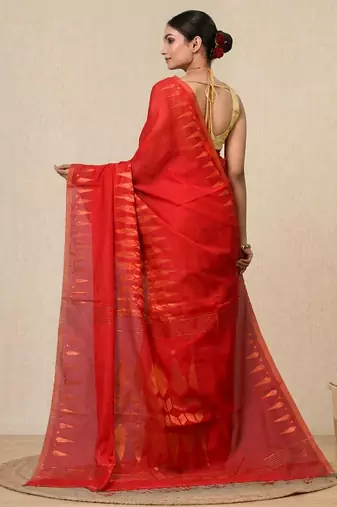 red geometric motifs cotton blend handspun soft saree