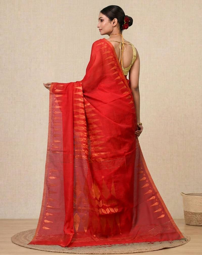 red geometric motifs cotton blend handspun soft saree