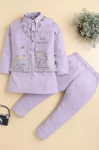 Boys lilac pure cotton heritage embroidered kurta pyjama set with waistcoat & necklace