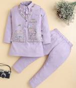 Boys lilac pure cotton heritage embroidered kurta pyjama set with waistcoat & necklace