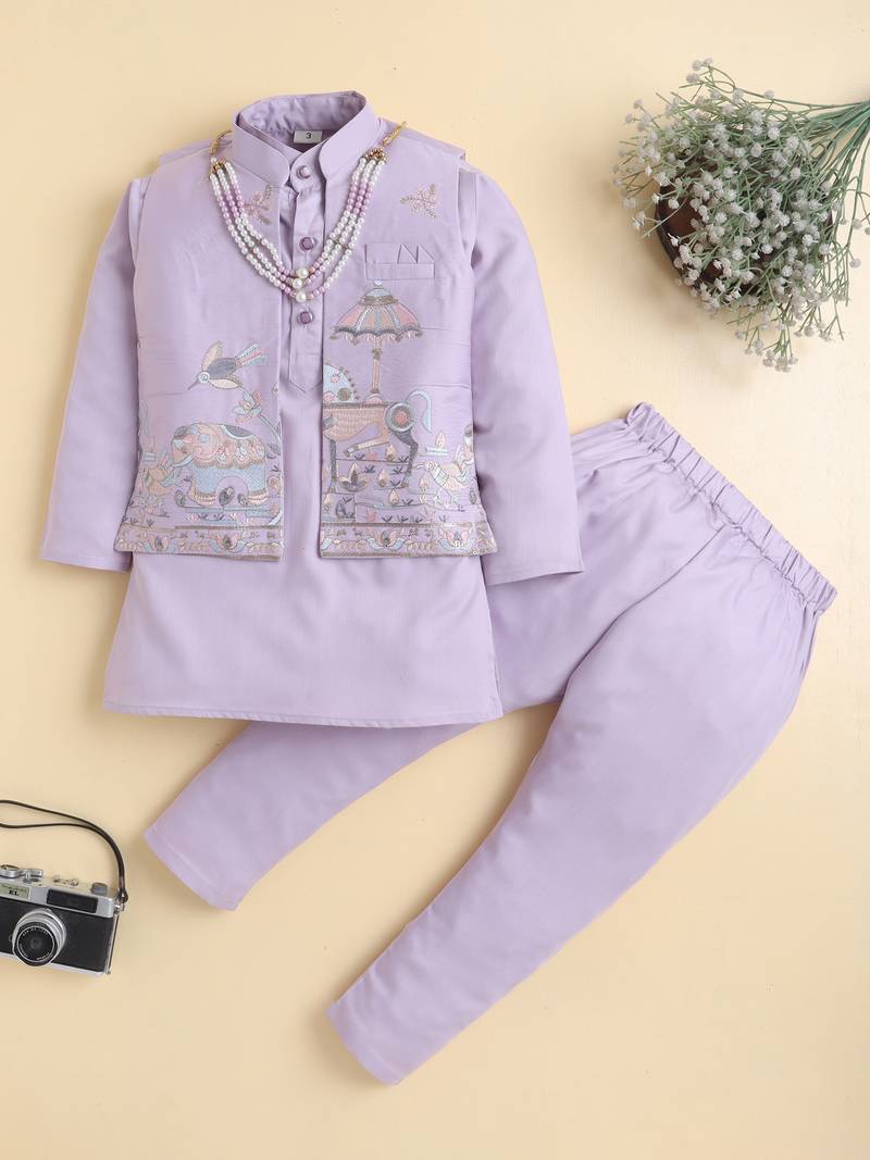 Boys lilac pure cotton heritage embroidered kurta pyjama set with waistcoat & necklace