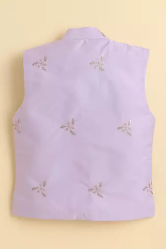 Boys lilac pure cotton heritage embroidered kurta pyjama set with waistcoat & necklace