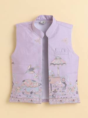 Boys lilac pure cotton heritage embroidered kurta pyjama set with waistcoat & necklace 3