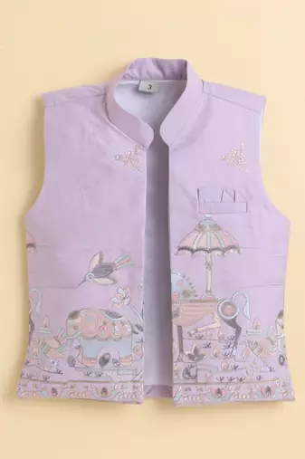Boys lilac pure cotton heritage embroidered kurta pyjama set with waistcoat & necklace