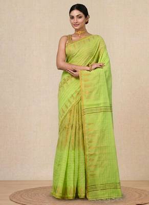 green geometric motifs cotton blend handspun soft saree 1