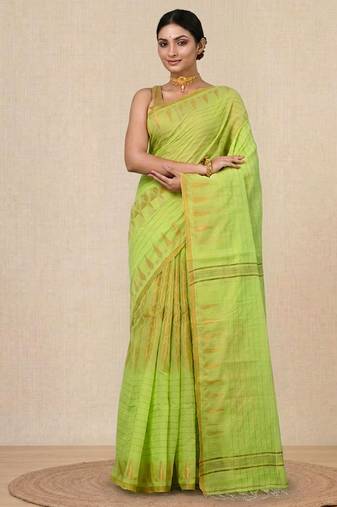 green geometric motifs cotton blend handspun soft saree