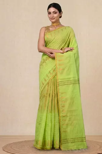 green geometric motifs cotton blend handspun soft saree