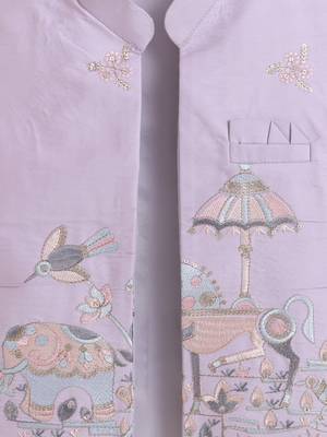Boys lilac pure cotton heritage embroidered kurta pyjama set with waistcoat & necklace 4