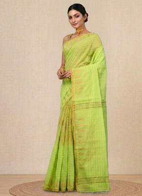 green geometric motifs cotton blend handspun soft saree 2