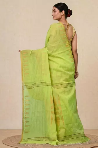 green geometric motifs cotton blend handspun soft saree