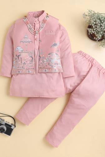 Boys peach pure cotton heritage embroidered kurta pyjama set with waistcoat & necklace