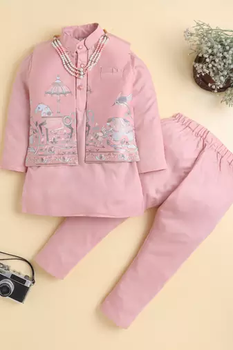 Boys peach pure cotton heritage embroidered kurta pyjama set with waistcoat & necklace