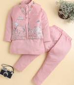 Boys peach pure cotton heritage embroidered kurta pyjama set with waistcoat & necklace
