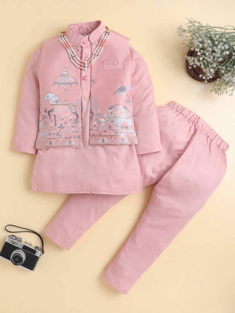 Boys peach pure cotton heritage embroidered kurta pyjama set with waistcoat & necklace