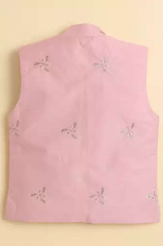 Boys peach pure cotton heritage embroidered kurta pyjama set with waistcoat & necklace