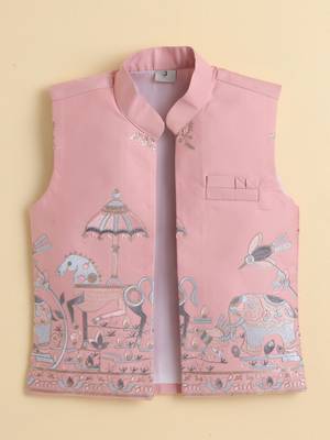 Boys peach pure cotton heritage embroidered kurta pyjama set with waistcoat & necklace 3