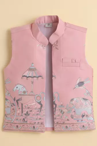 Boys peach pure cotton heritage embroidered kurta pyjama set with waistcoat & necklace