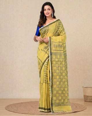 yellow texture pattern cotton blend handspun soft saree 1