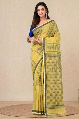 yellow texture pattern cotton blend handspun soft saree
