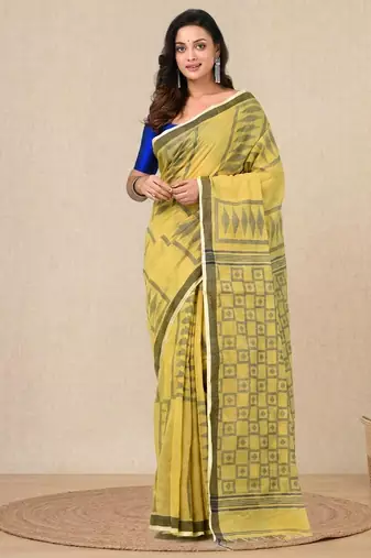 yellow texture pattern cotton blend handspun soft saree