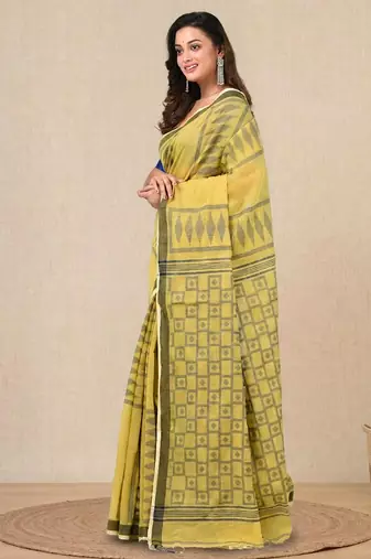 yellow texture pattern cotton blend handspun soft saree