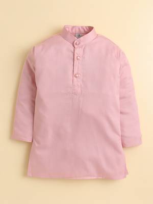 Boys peach pure cotton heritage embroidered kurta pyjama set with waistcoat & necklace 5