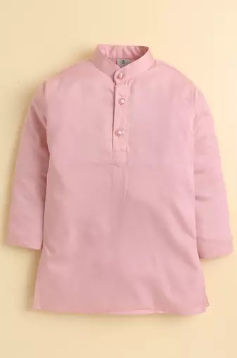 Boys peach pure cotton heritage embroidered kurta pyjama set with waistcoat & necklace
