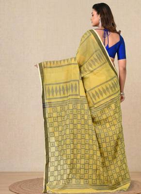 yellow texture pattern cotton blend handspun soft saree 3