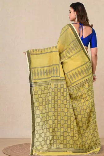 yellow texture pattern cotton blend handspun soft saree