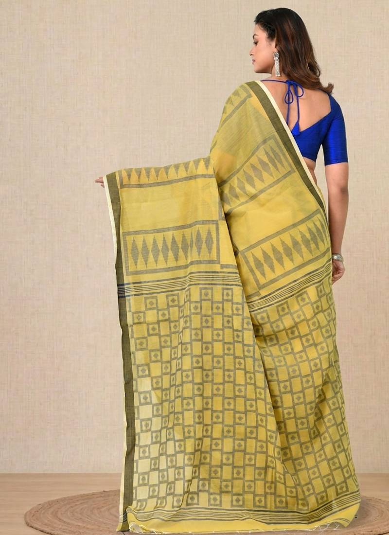 yellow texture pattern cotton blend handspun soft saree
